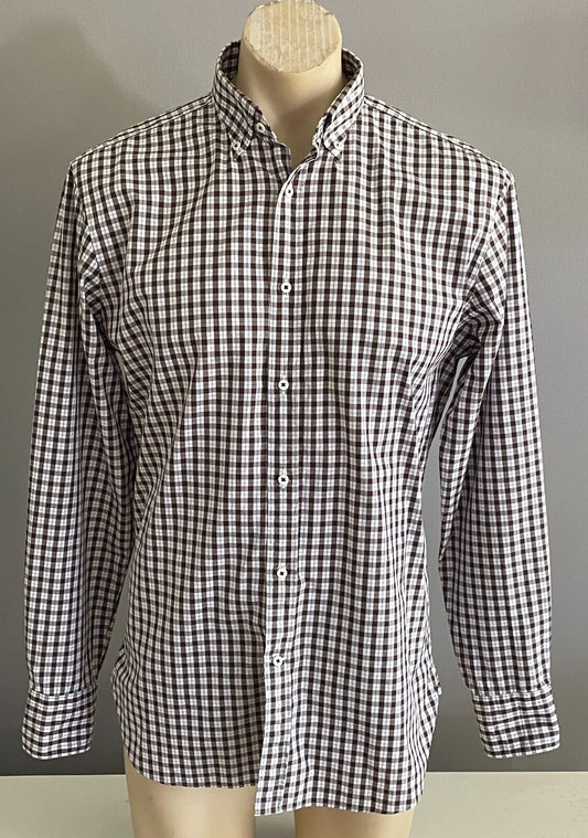 MJB Cuban M J BALE Check Shirt Brown White Blue Button Down L Sleeve Mens Size M