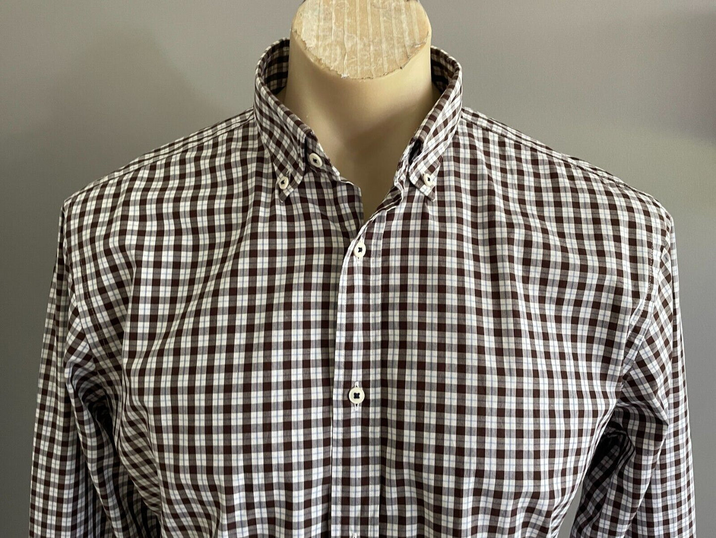 MJB Cuban M J BALE Check Shirt Brown White Blue Button Down L Sleeve Mens Size M