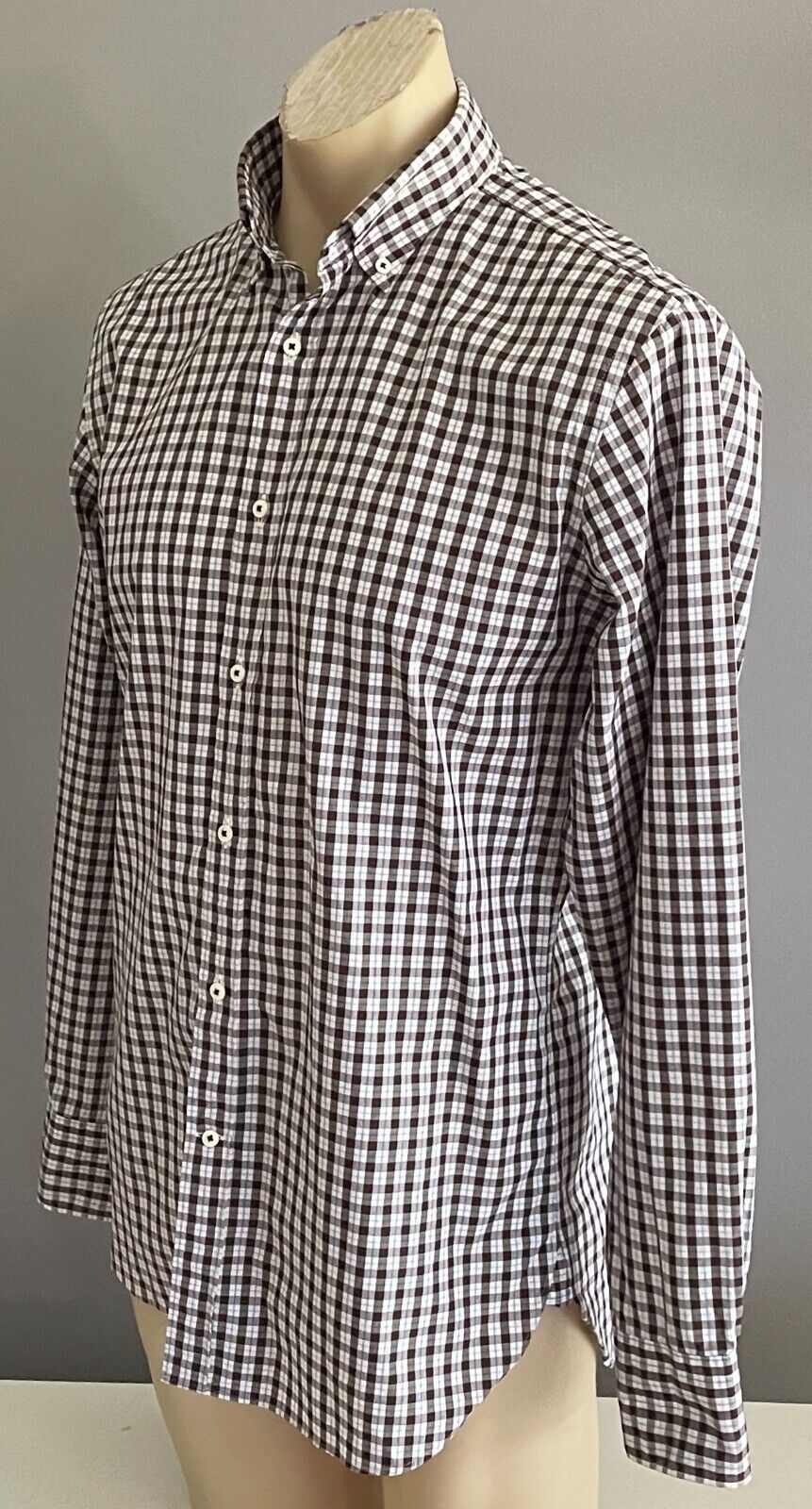 MJB Cuban M J BALE Check Shirt Brown White Blue Button Down L Sleeve Mens Size M
