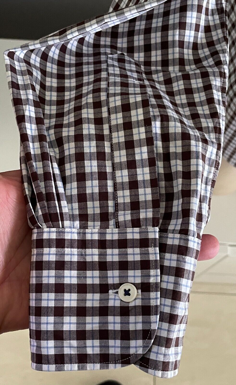 MJB Cuban M J BALE Check Shirt Brown White Blue Button Down L Sleeve Mens Size M
