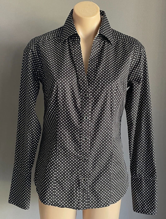 BEN SHERMAN Shirt Black White Polka Dot Button Long Sleeve Fitted Ladies Size M