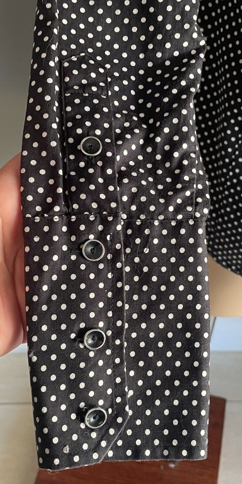 BEN SHERMAN Shirt Black White Polka Dot Button Long Sleeve Fitted Ladies Size M