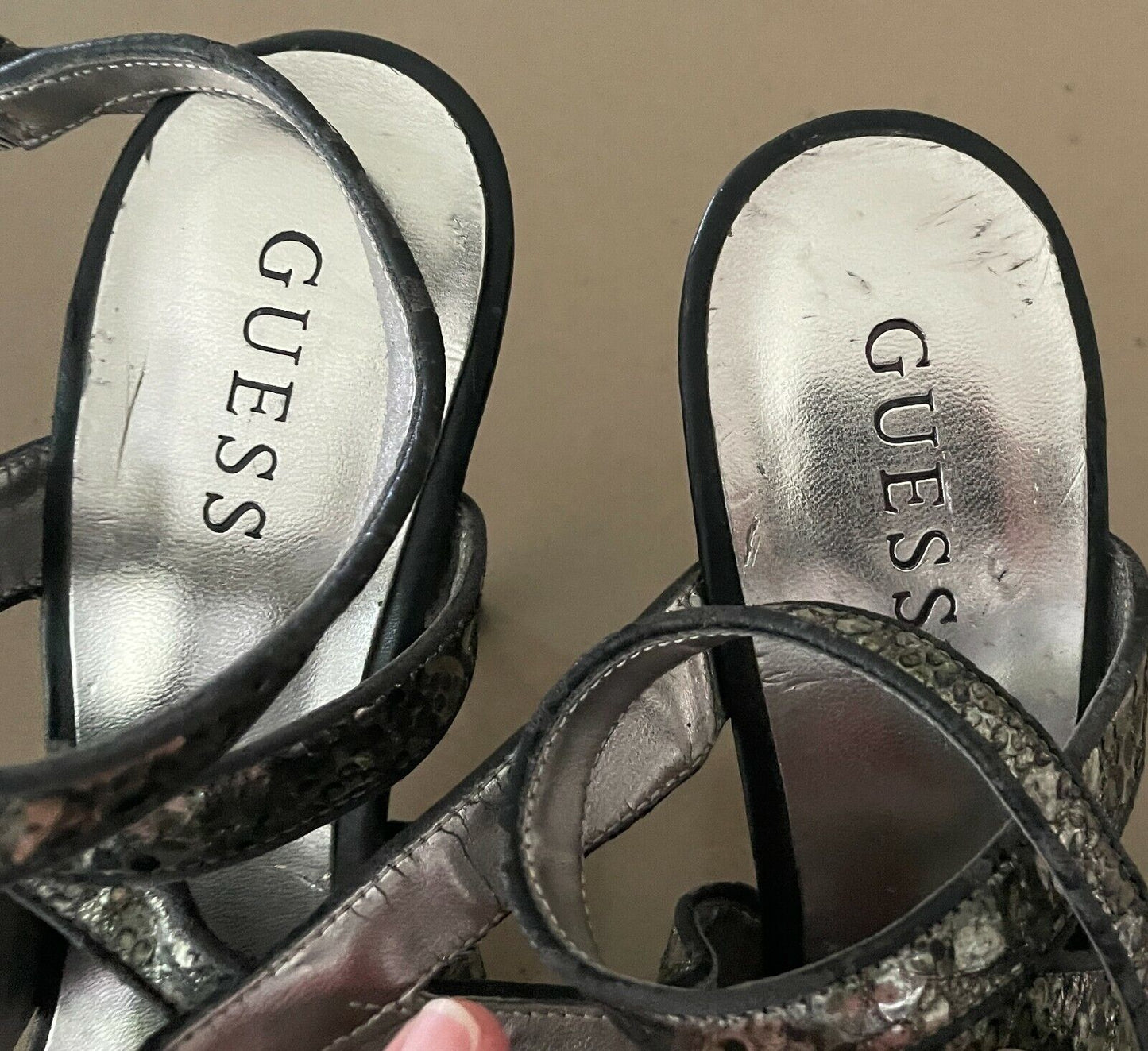 GUESS Kinetic 3 14cm Heels Pumps Silver Black Peep Toe Ankle Strap Shoes 10 NEW