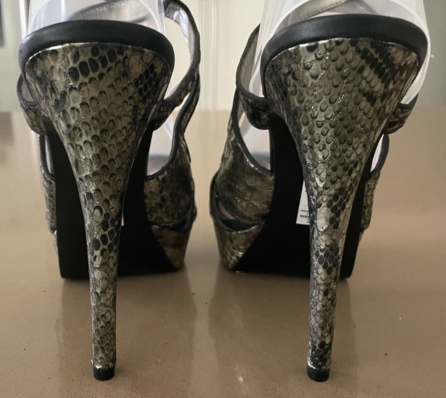 GUESS Kinetic 3 14cm Heels Pumps Silver Black Peep Toe Ankle Strap Shoes 10 NEW