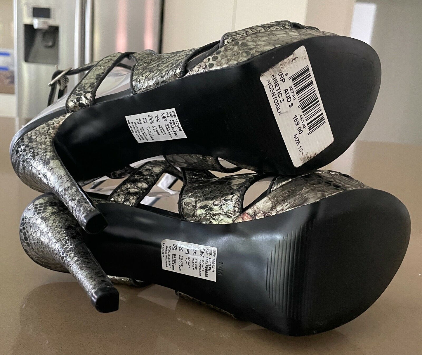GUESS Kinetic 3 14cm Heels Pumps Silver Black Peep Toe Ankle Strap Shoes 10 NEW