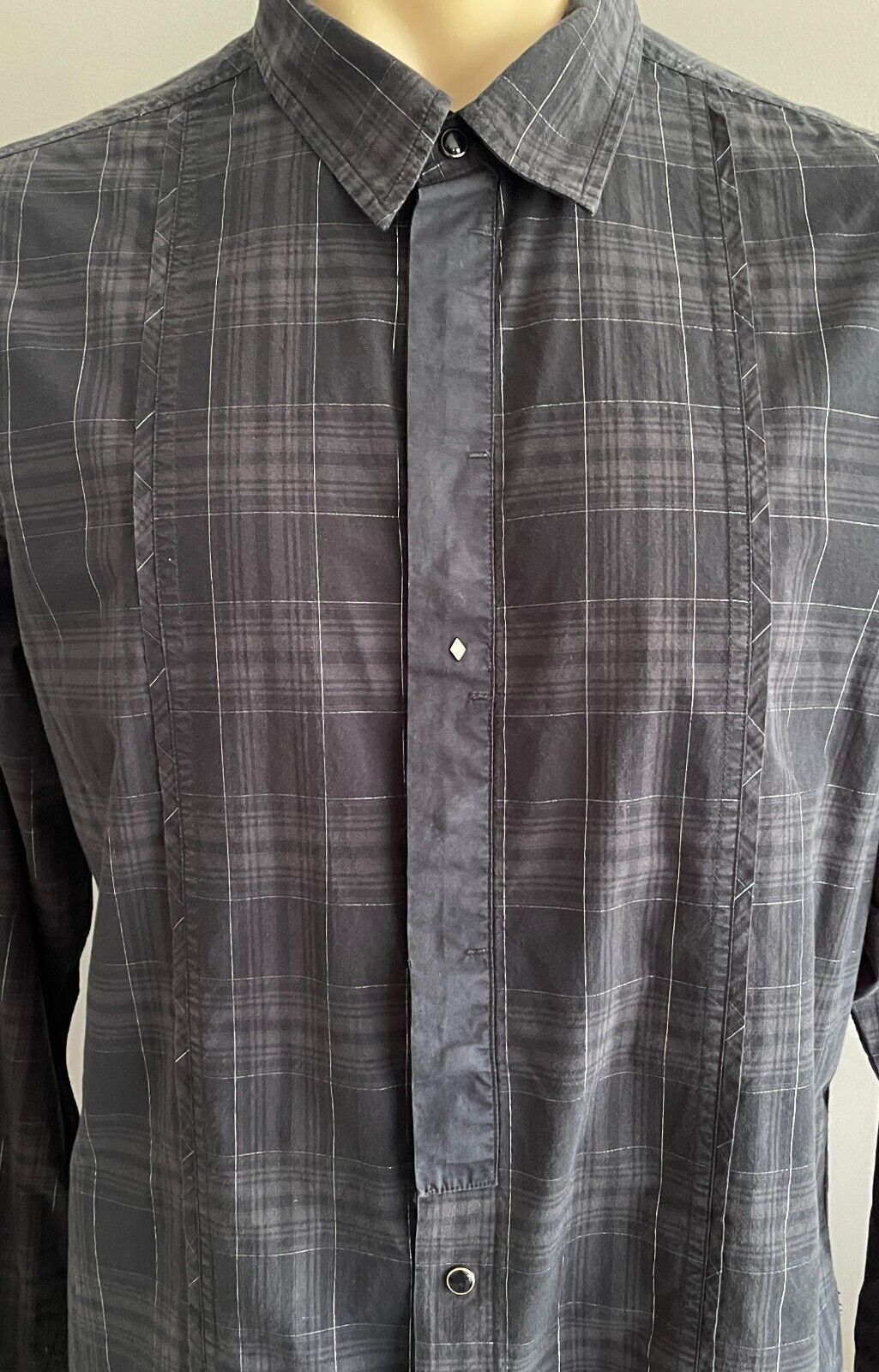 GUESS Shirt Silver Thread Grey Black Check Long Sleeve Button Mens Size 42