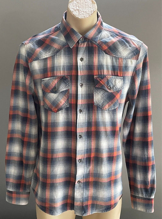 GUESS Cotton Shirt Plaid Print Slim Fit Mens Size S Button Front Long Sleeve