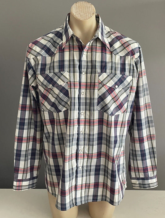 BISLEY Western Shirt Blue Red Yellow Check Pearl Snap Long Sleeve Mens Size L