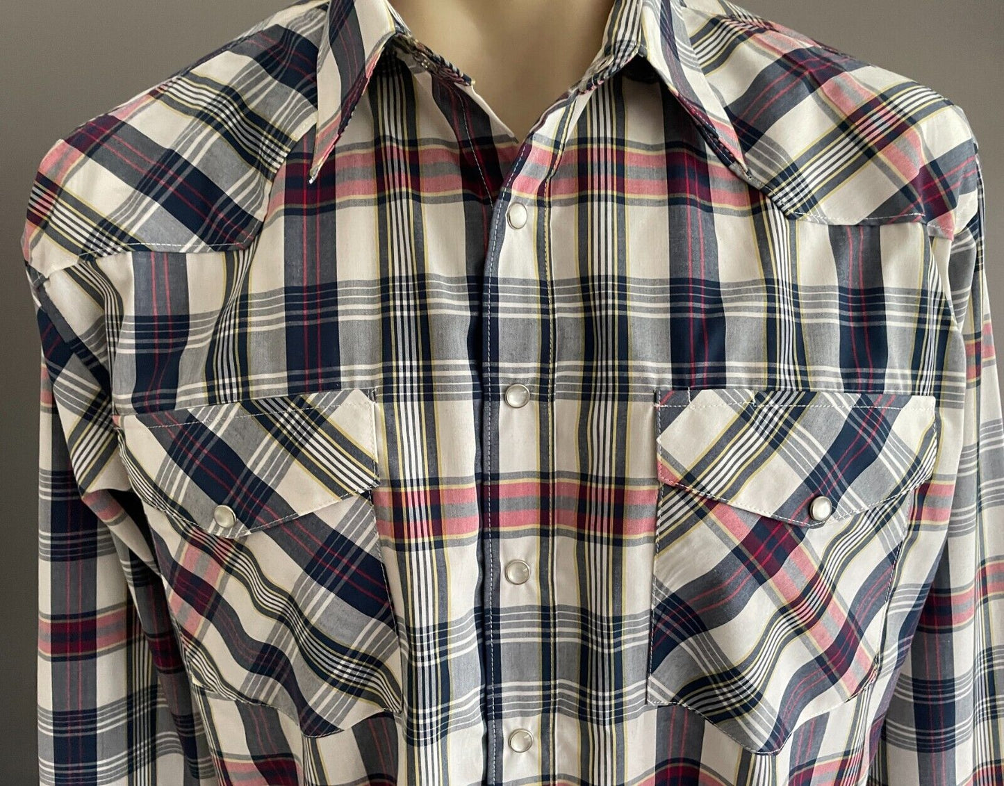 BISLEY Western Shirt Blue Red Yellow Check Pearl Snap Long Sleeve Mens Size L