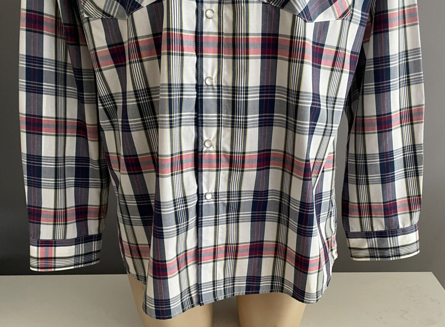 BISLEY Western Shirt Blue Red Yellow Check Pearl Snap Long Sleeve Mens Size L