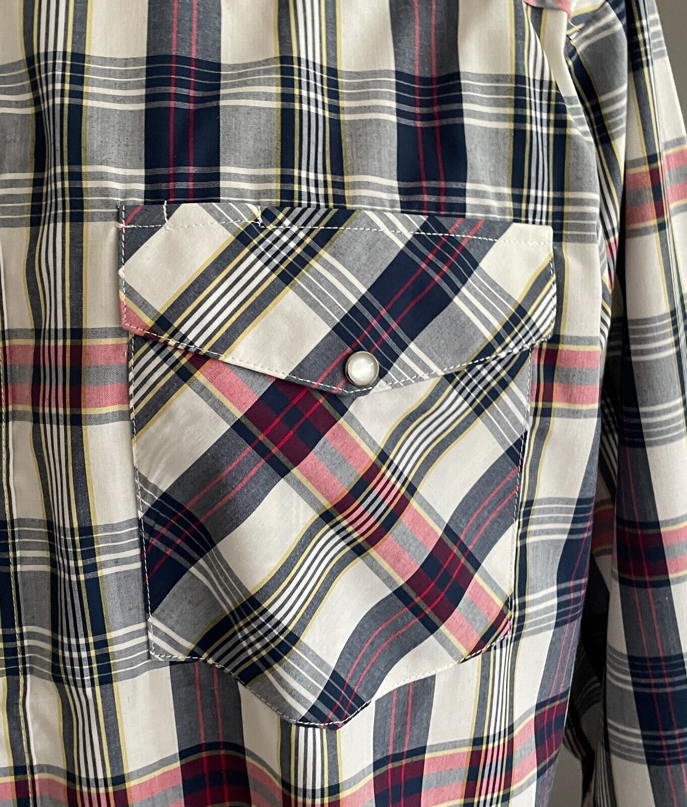 BISLEY Western Shirt Blue Red Yellow Check Pearl Snap Long Sleeve Mens Size L