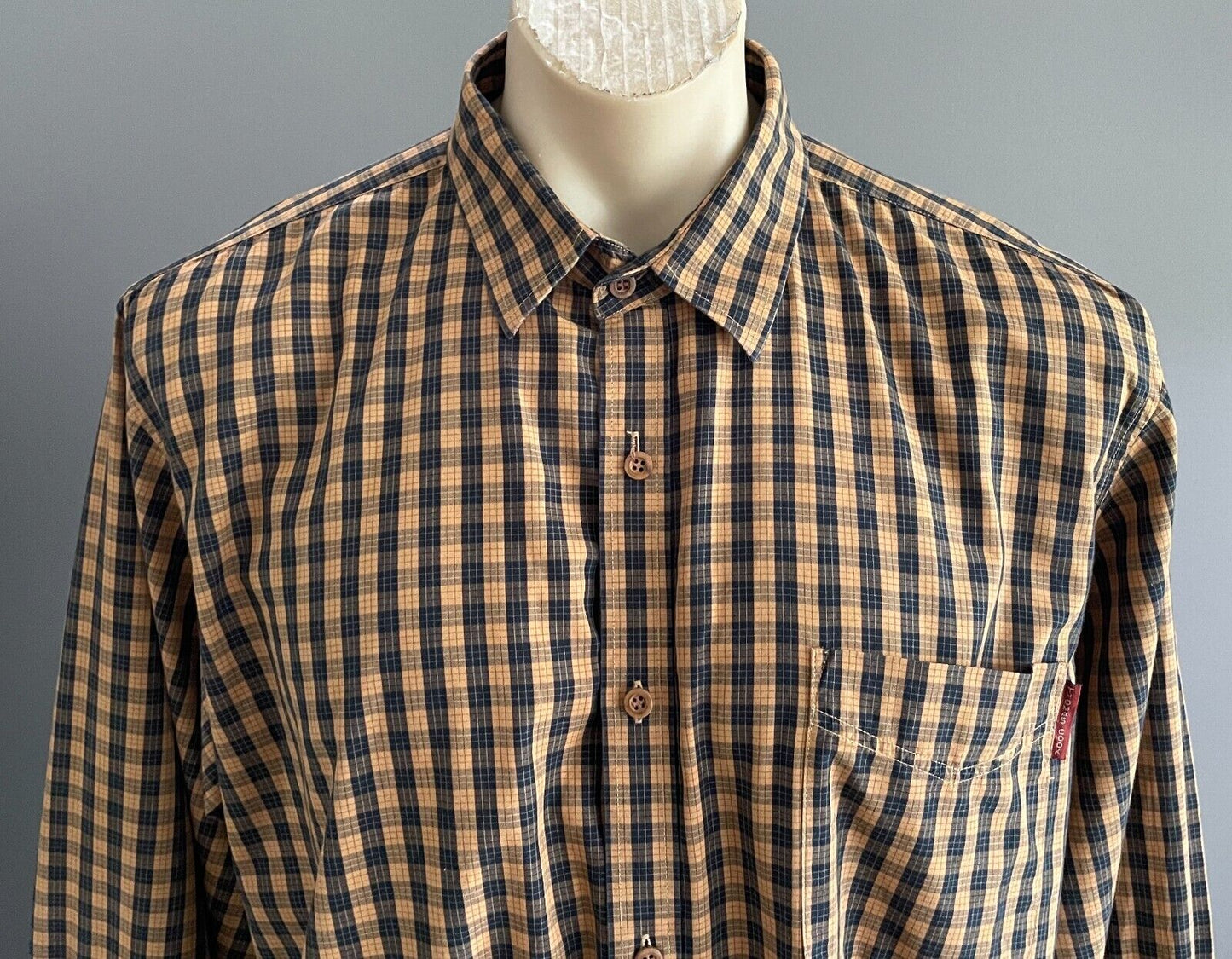 THOMAS COOK Shirt Check Tan & Navy Small Plaid Long Sleeve Cotton Mens Size XL