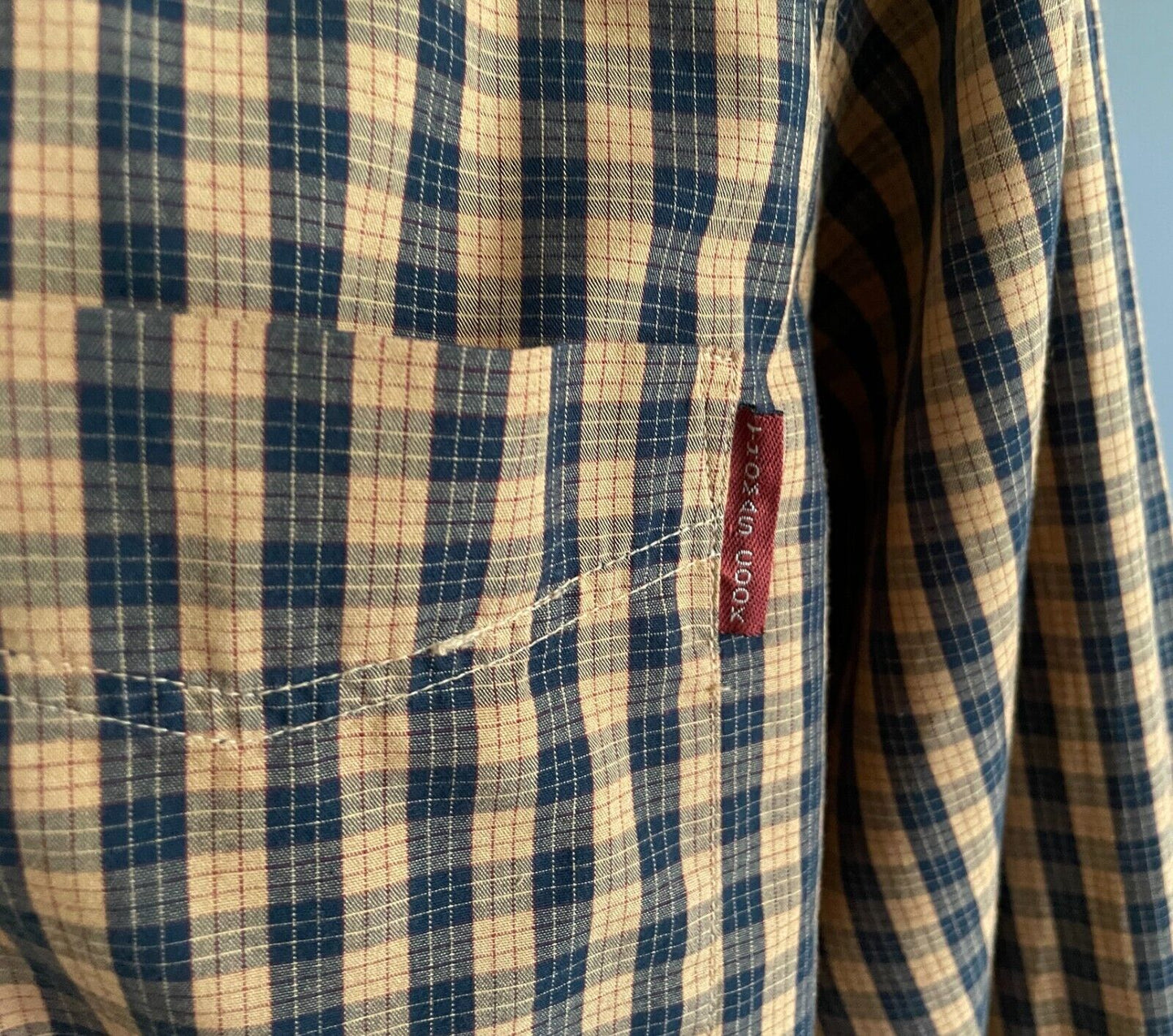 THOMAS COOK Shirt Check Tan & Navy Small Plaid Long Sleeve Cotton Mens Size XL