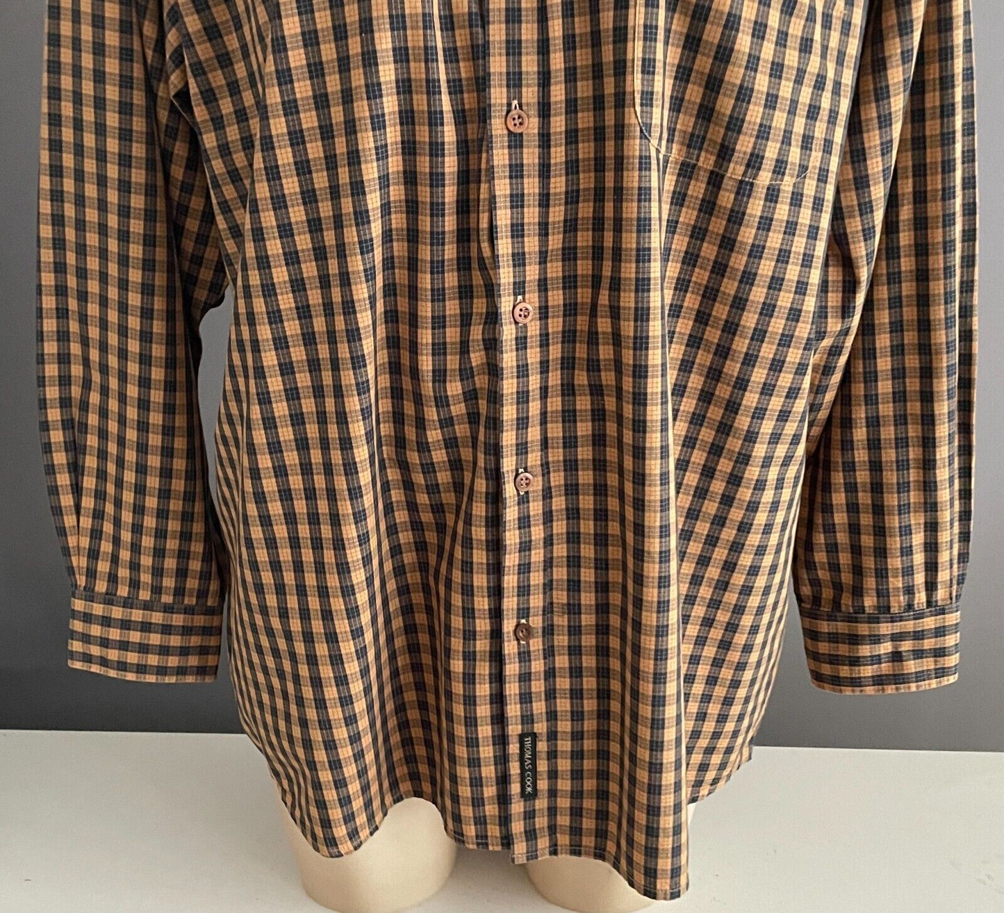 THOMAS COOK Shirt Check Tan & Navy Small Plaid Long Sleeve Cotton Mens Size XL