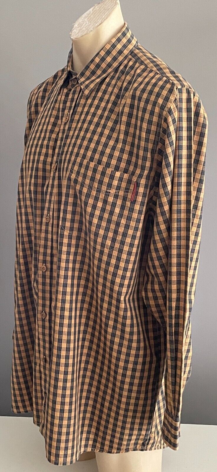 THOMAS COOK Shirt Check Tan & Navy Small Plaid Long Sleeve Cotton Mens Size XL