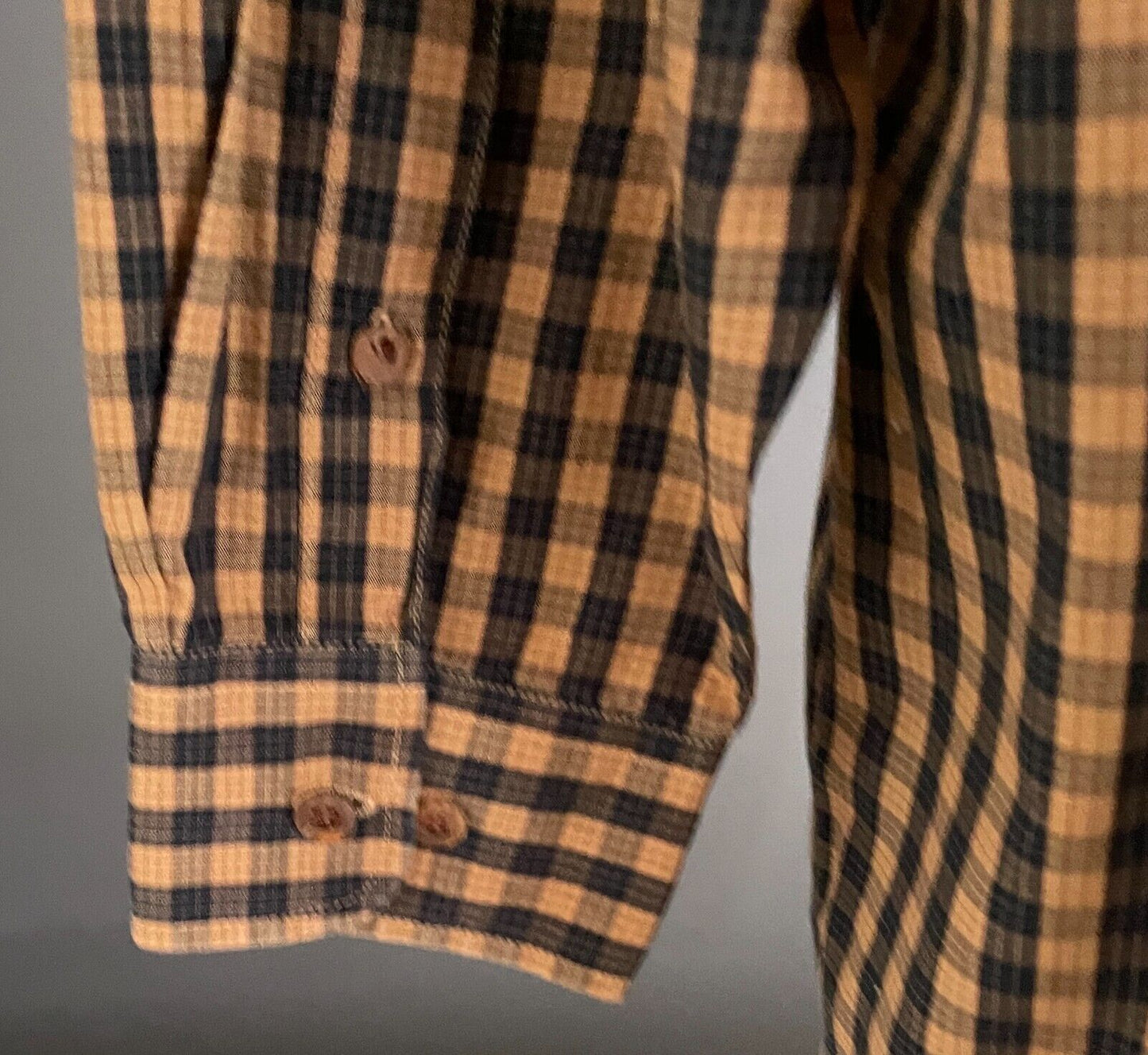 THOMAS COOK Shirt Check Tan & Navy Small Plaid Long Sleeve Cotton Mens Size XL