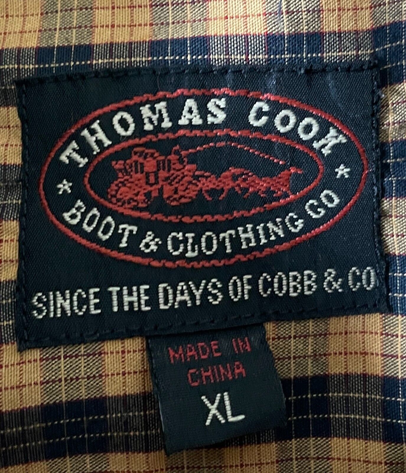 THOMAS COOK Shirt Check Tan & Navy Small Plaid Long Sleeve Cotton Mens Size XL