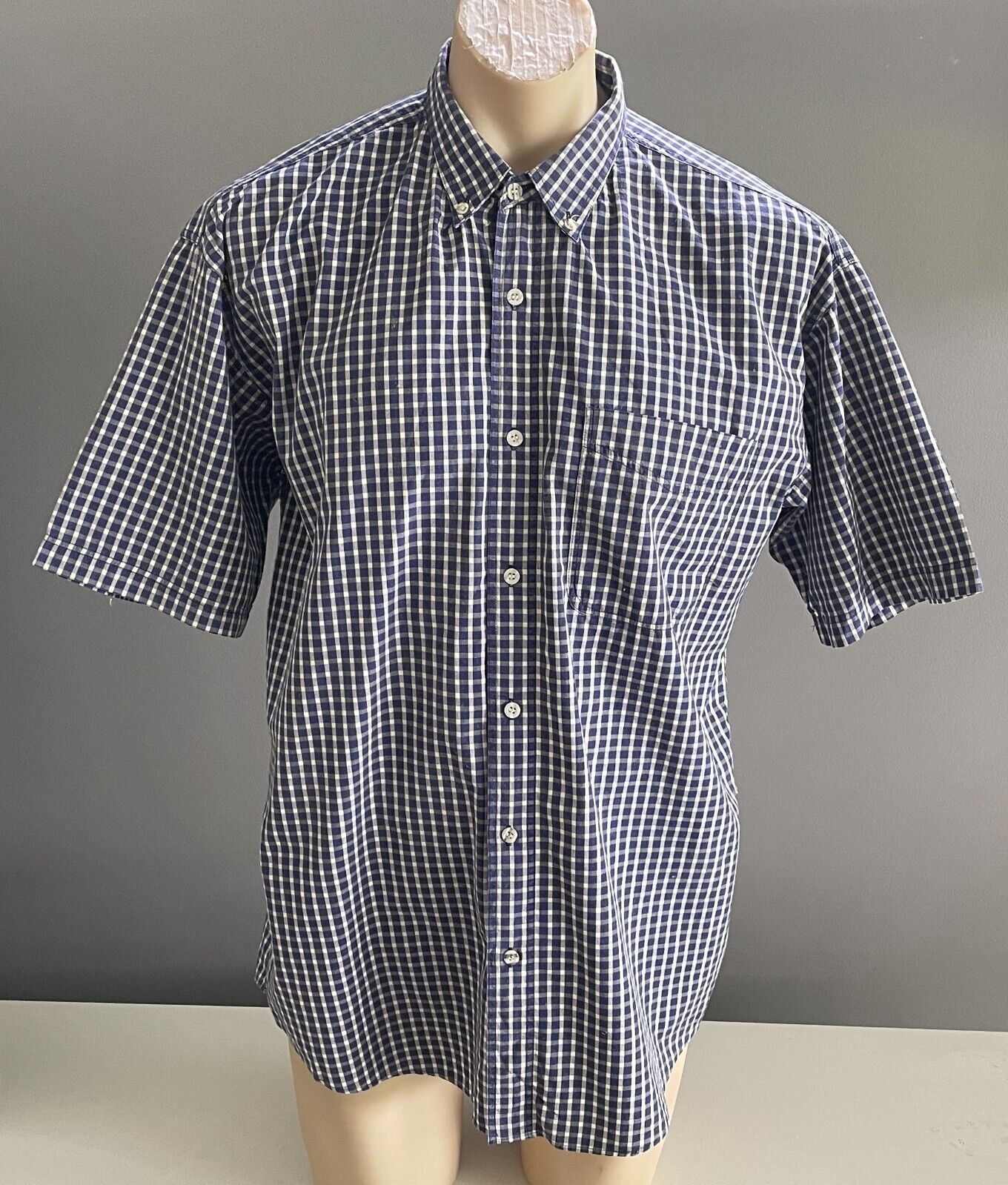 NOW Shirt Navy & Cream Check Print Classic Fit Short Sleeves Cotton Mens Size L