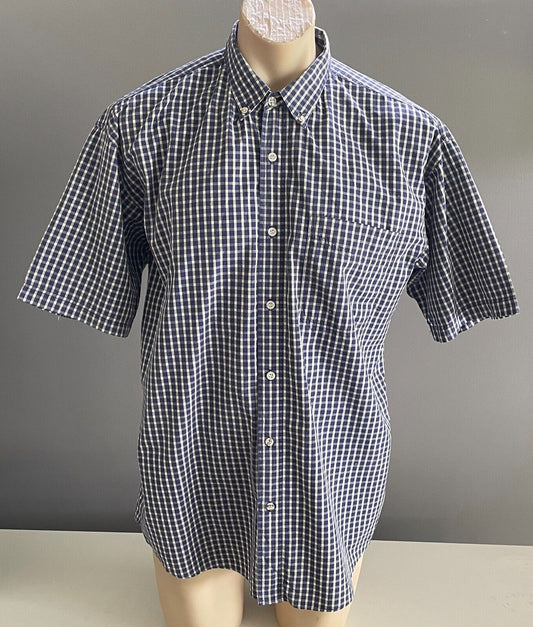 NOW Shirt Navy & Cream Check Print Classic Fit Short Sleeves Cotton Mens Size L