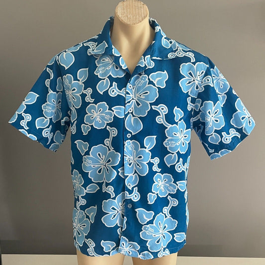 MOGUL Hawaiian Shirt Short Sleeve Mens Size M Blue & White Tropical Print